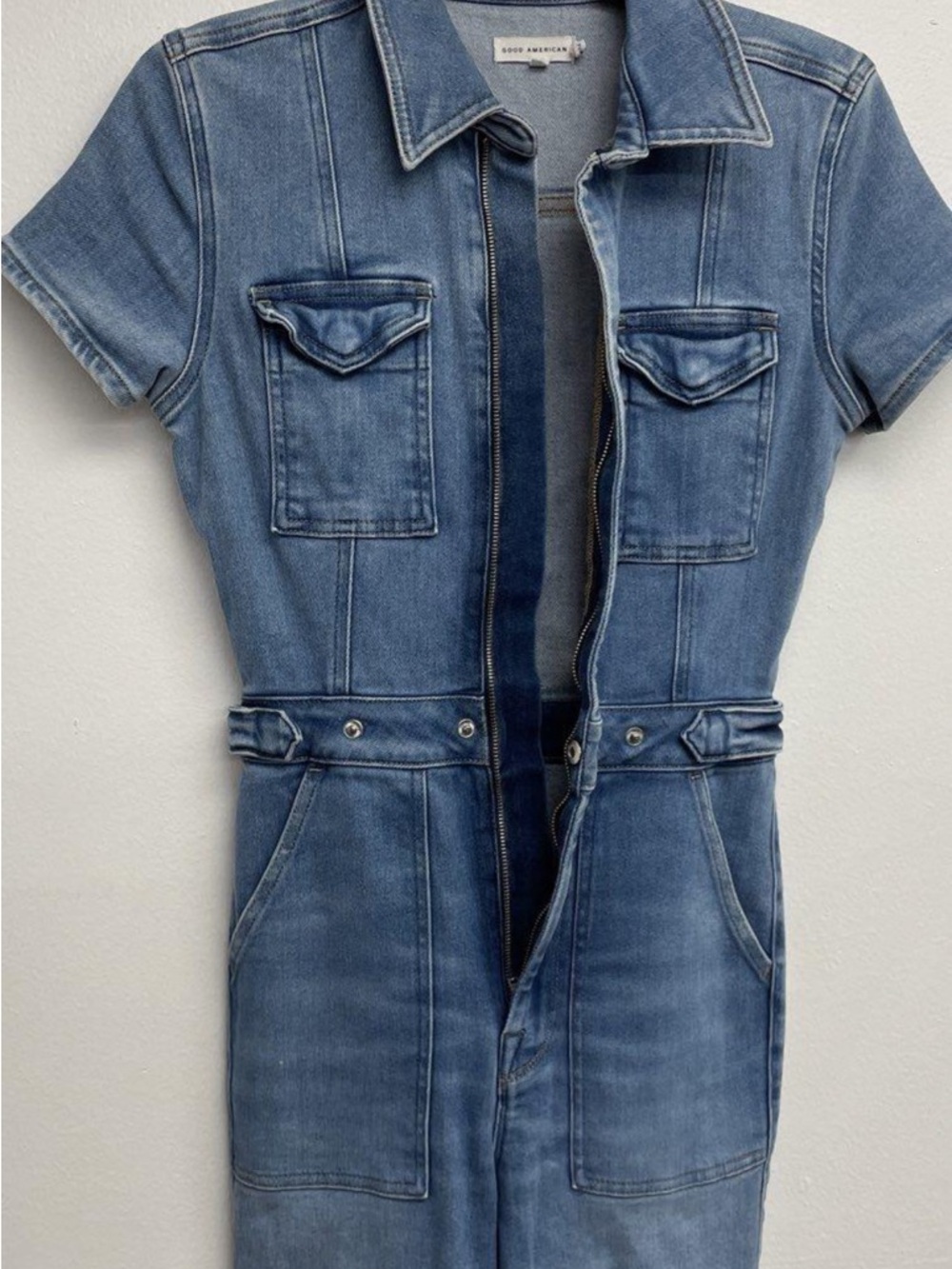 Good American Faded Blue Short-Sleeve Denim Jumpsuit